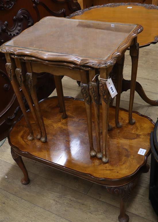 A George I style burr walnut shaped topped coffee table and a nest of three walnut tea tables Coffee table W.80cm